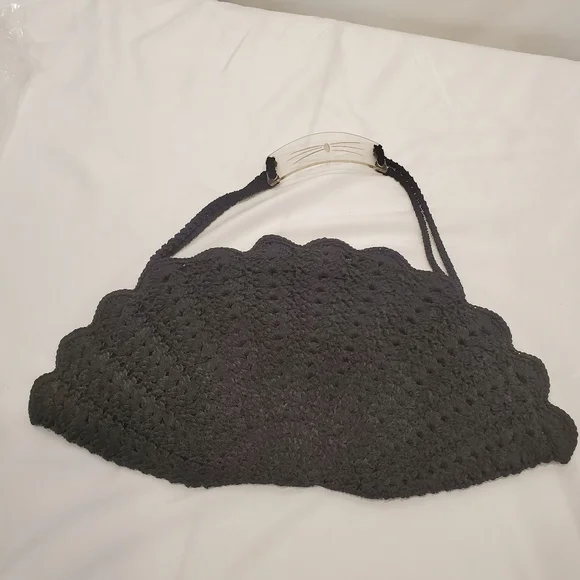 Vtg Black Goth Gothic Fan Shaped Crocheted Handbag w/Lucite Embellishment - Picture 1 of 6